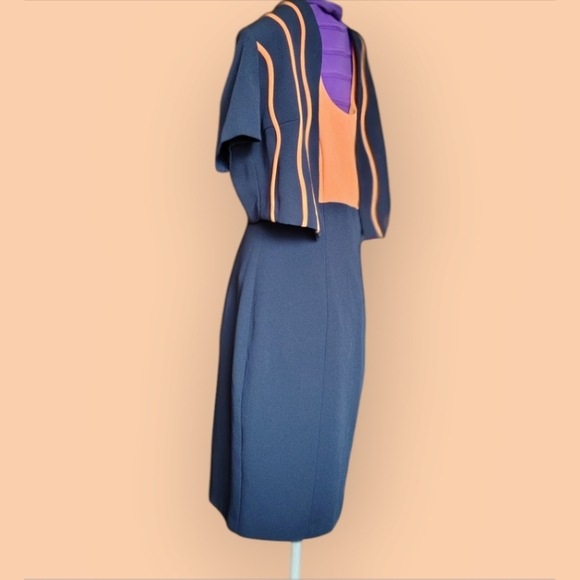 SOPHISTICATE WOMENS SIZE 10 NAVY BLUE AND ORANGE DRESS WITH JACKET - Picture 6 of 7
